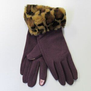 Women's Purple Winter Gloves With Faux Fur Leopard Print Cuffs Texting Finger NE